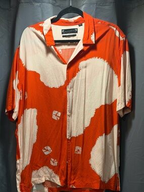 All Saints Orange and Cream Short Sleeve Button-Down Shirt